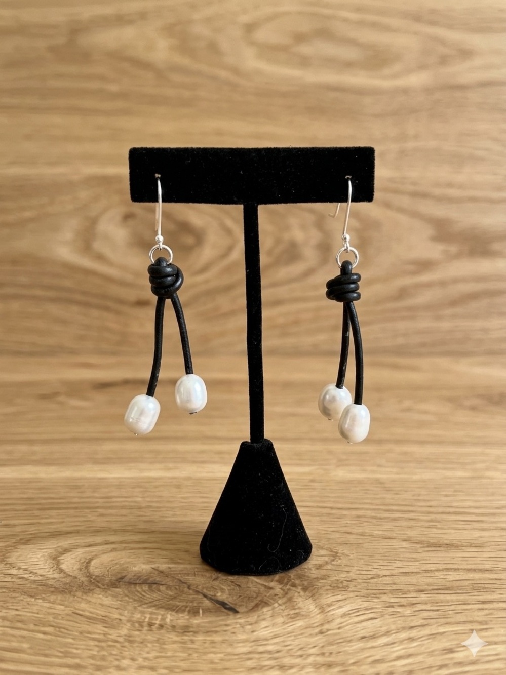 Sundance Black Leather Cord Earrings with White Pearl Drops